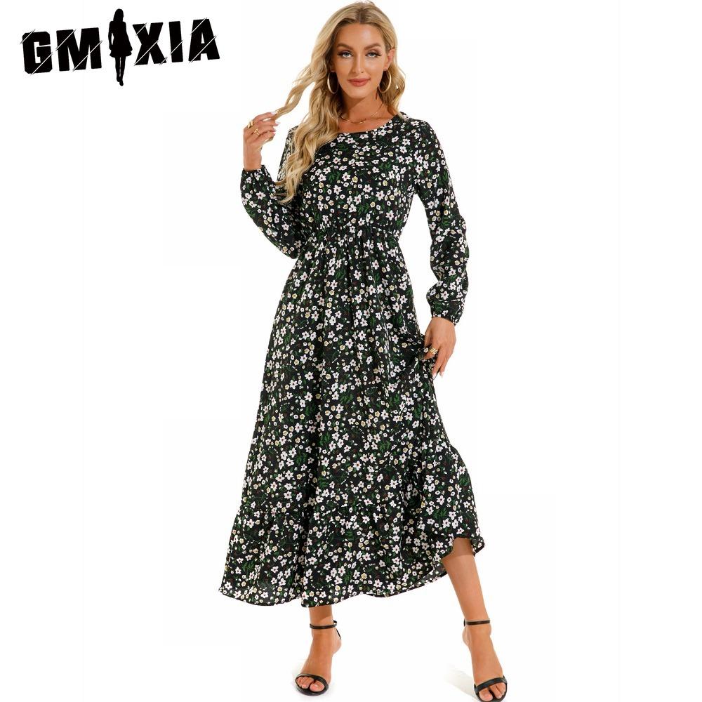 GMXIA Spring Summer Bohemian Women Maxi Dress Casual Long Sleeve High Waist Beach Dress Women Floral Chiffon Dresses Vestidoes Mujer New