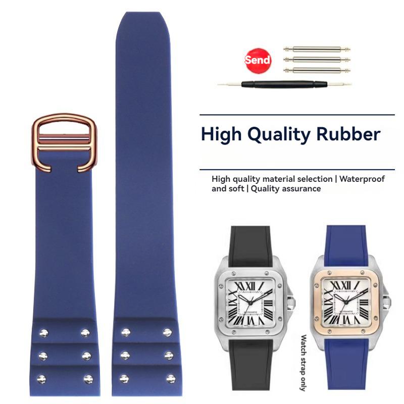 Hochwertiges Gummi-Uhrenarmband für Cartier Santos Armband Santos 100 Serie Schwarz Blau Wasserdichtes Armband Faltschließe Gürtel 21mm