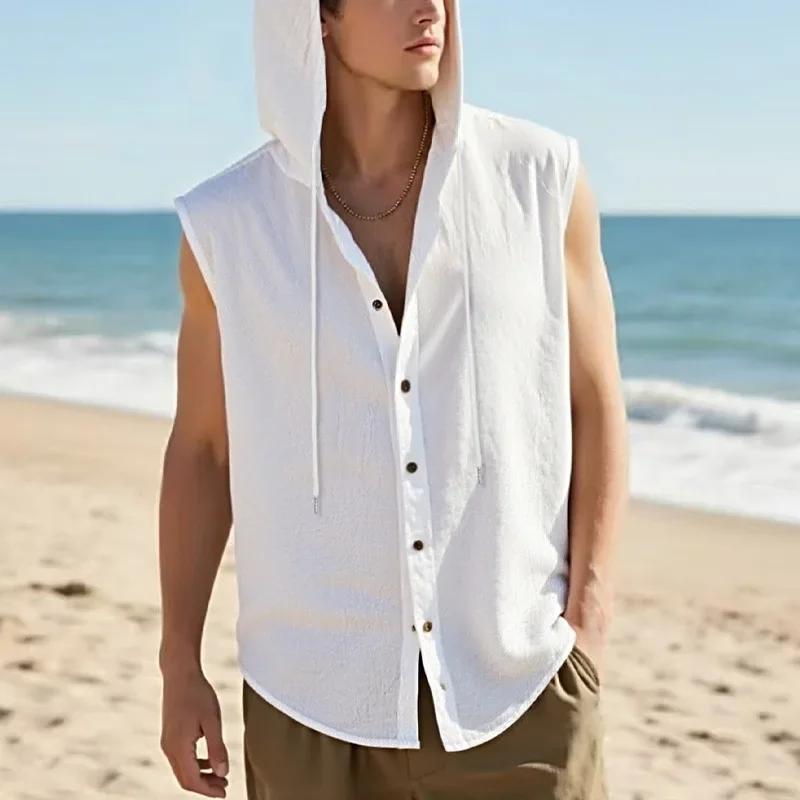Summer Loose Casual Tank Tops Men American Style Linen Hooded Sleeveless Shirt Hip Hop Trendy Top Comfortable Breathable Vests