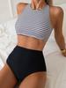 Striped Bathing Suit Women Fashion Two-pieces Swimwear High Waisted Solid Bikini Set Summer 2025 New Holiday Beachwear