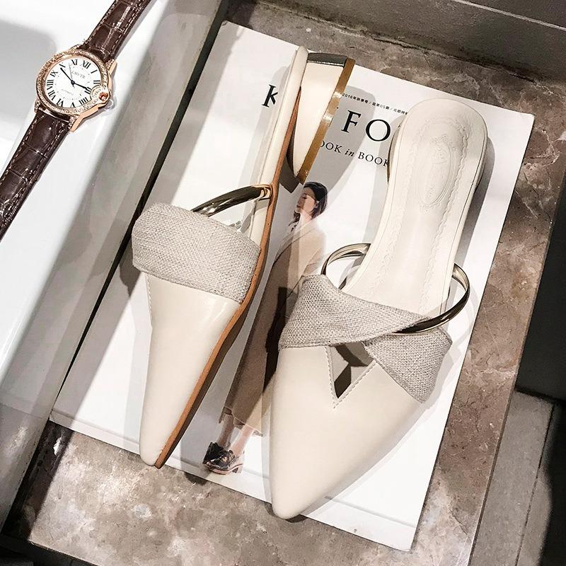 Lazy Sandals New Trendy Middle Heel Thick Heel Pointed Head Bag Head Half Slippers Women's Summer Wear