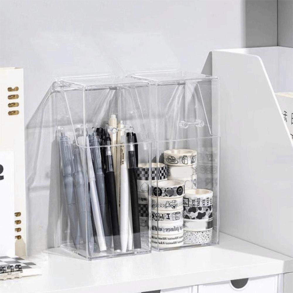 Flip Lid Cosmetic Brush Storage Box Transparent Pencil Storage Holder  Office