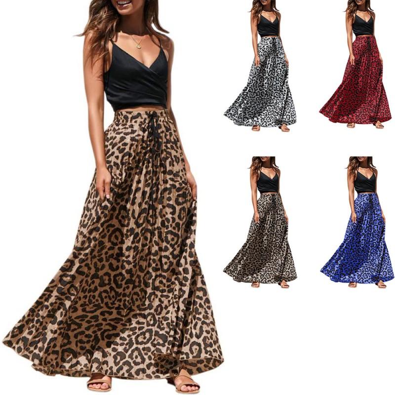 Damen Plus Size A-Linien Midi-Rock Mit Kordelzug Taille Leopardenmuster Baumwollmischung Lässig Lang