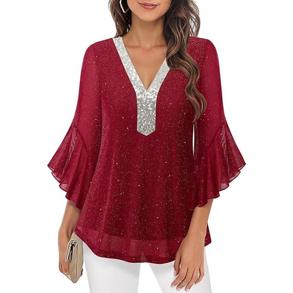 2026 Spring Summer Sequined Crew Neck Blouse Top, Hot Popular Casual Shirt for Women, Europe America Style