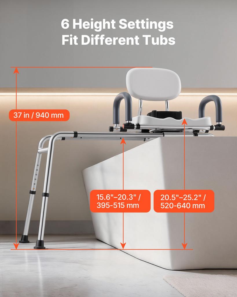 VEVOR Sliding Shower Chair, 180 kg Tub Transfer Bench for Bathtub with Swivel Seat, Shower Bench with Pivoting Arms and Backrest