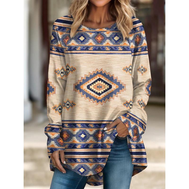 

Новая праздничная этническая футболка в стиле кэжуал с круглым вырезом и длинным винтажным рукавом S синий