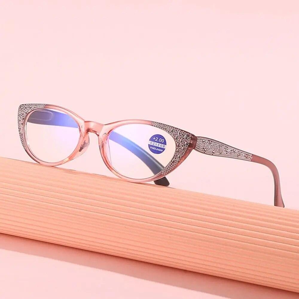 Shiny Rhinestones Cat Eye Anti-Blue Light Reading Glasses Eye Protection Men Women Elegant Comfortable Eyeglasses +100~+400