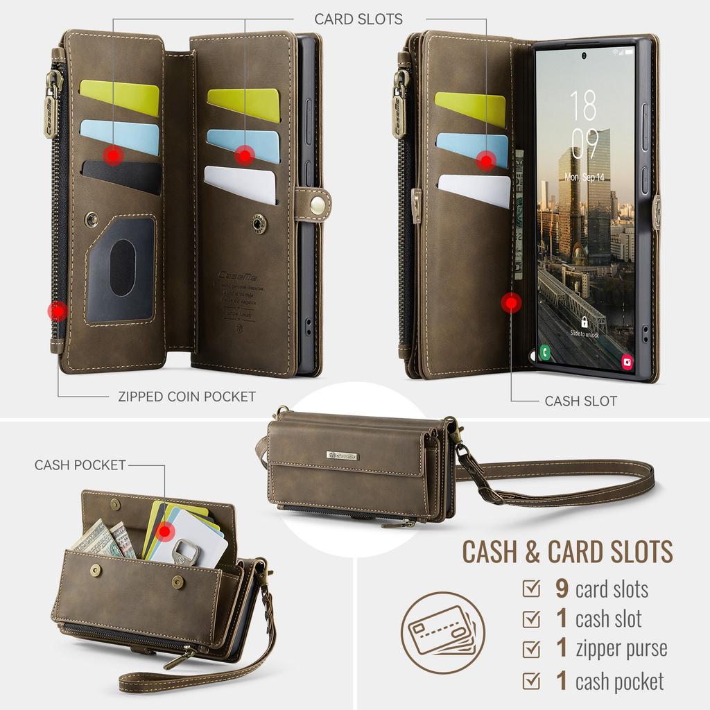 For Samsung Galaxy S23 Ultra Case CASEME C39 RFID Blocking Zipper Wallet Stand Leather Cover with Strap