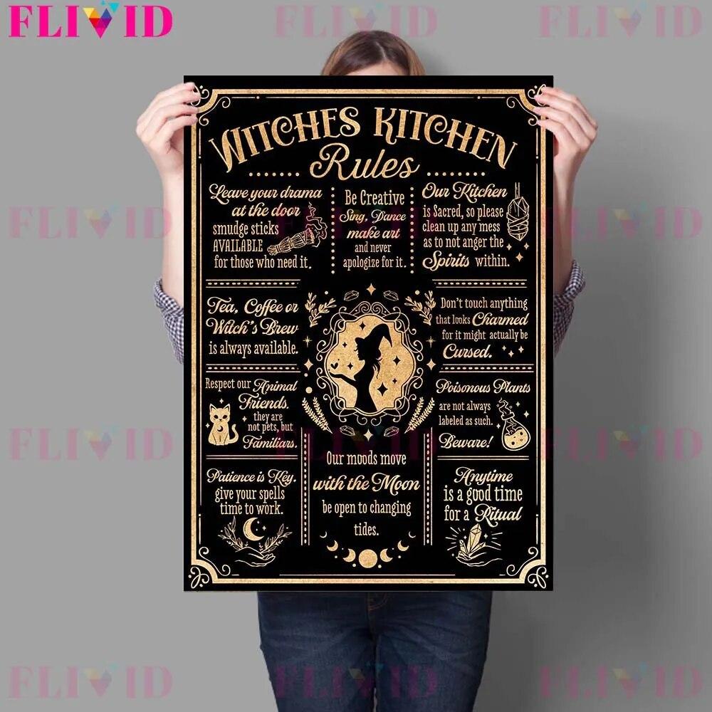 Witches Kitchen Rules And Herbs Magic Meals Vintage Wall Art Canvas Painting Magic Sign And Cats Witches Spells Poster Print No Frame