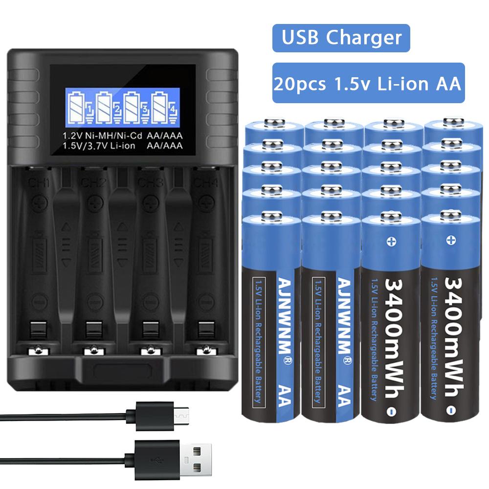 AJNWNM 1.5v AA lithium li-ion rechargeable battery 3400mWh 1.5v aa battery for thermometer AA 1.5V Rechargeable Battery Batteries AA