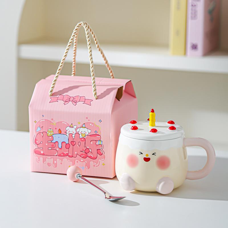 Creative Cartoon Cake Cup Birthday Gift Souvenir Ceramic Cup Cute Good Looking Water Cup with Lid Mug