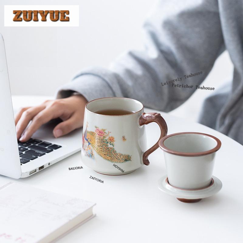 350ml Peacock Ceramic Filter Tea Separator Cup Handmade Tea Mug With Infuser Tea Maker Office Water Cup Tea Services Gift Craft