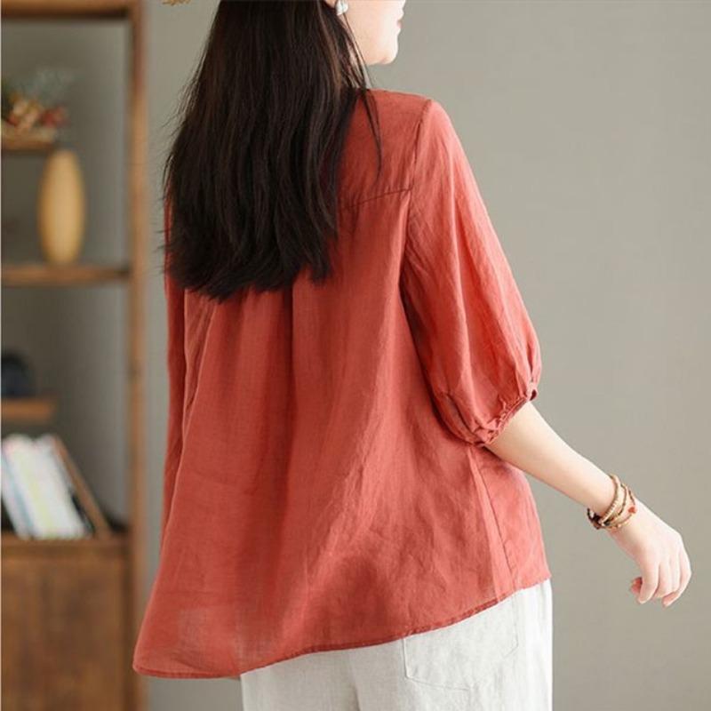 Baumwollleinen Kurzarmtop für Damen im Sommer Locker Schlankmachend Lässig Vielseitig Dünn Hochwertiges Baumwoll-T-Shirt