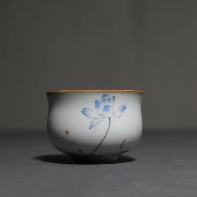 Retro Ru Kiln Ceramic Teacup Travel Portable Meditation Cup Hand Painted Flower Tea Bowl Master Cup Handmade Tea Set Accessories