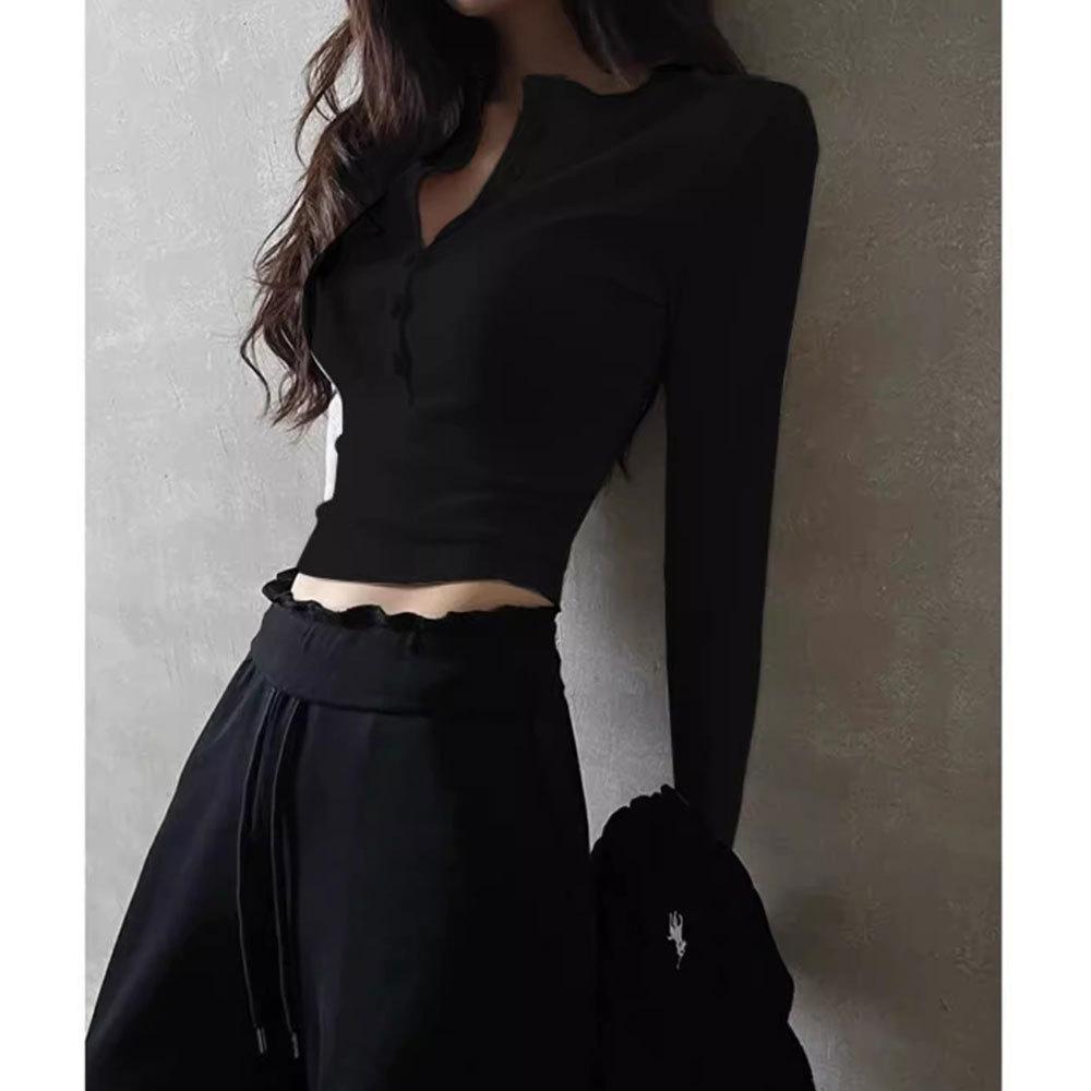 

Dynamic Girl Черная футболка с V-образным вырезом и длинными рукавами, внутренняя нижняя часть, футболка из чистого хлопка, облегающий короткий топ S