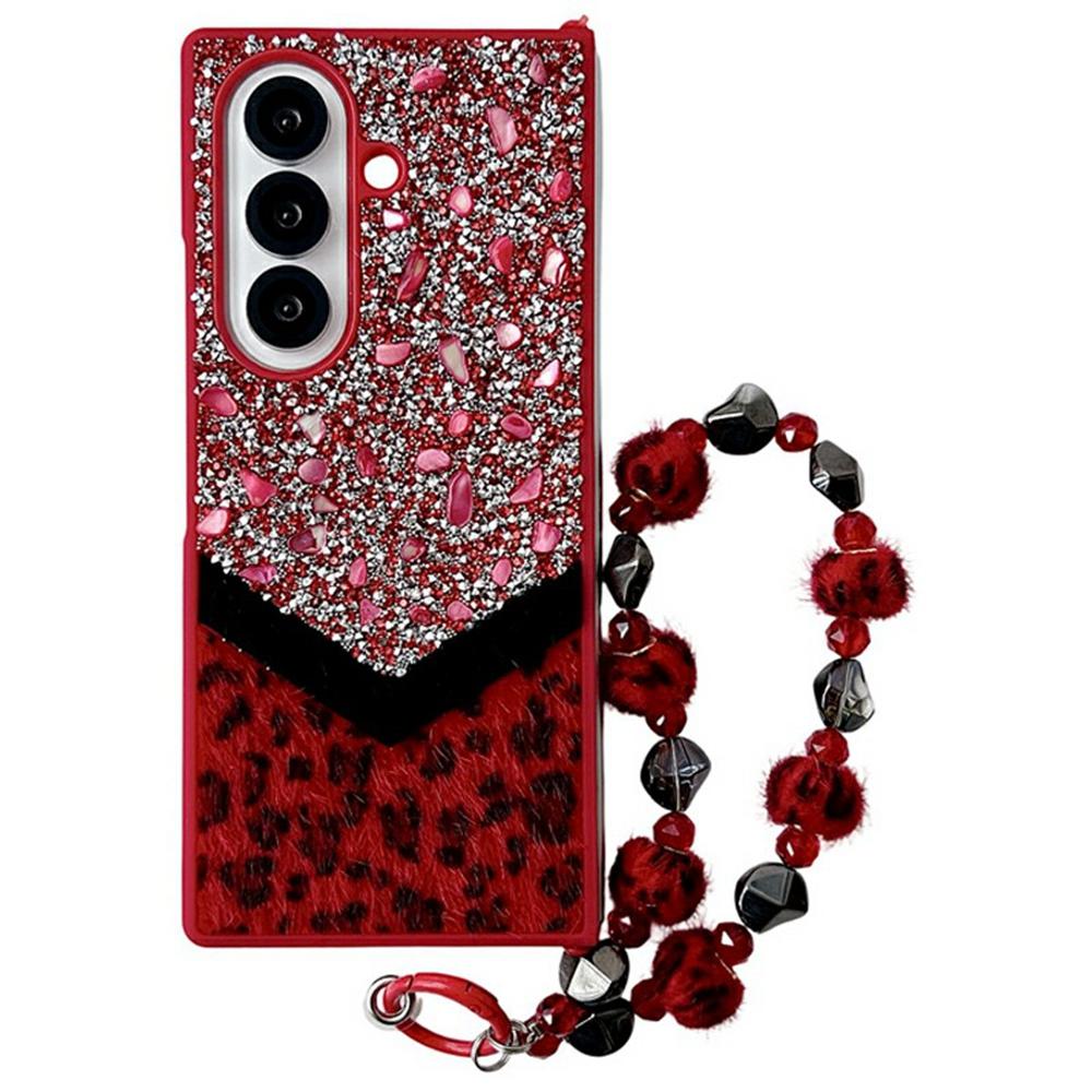 For Samsung Galaxy Z Fold7 5G Case Stone Decor Glitter Leopard Splicing Plush PC Phone Cover with Hand Chain