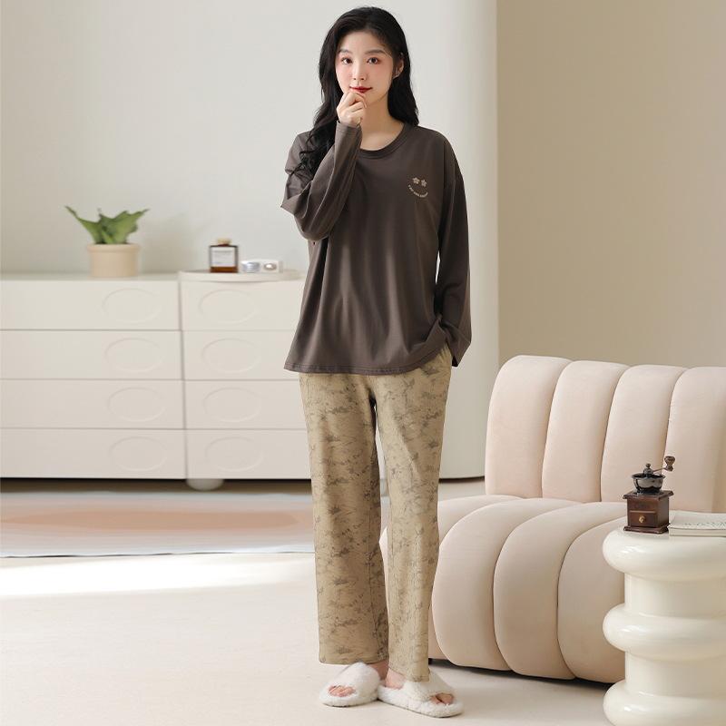 Pure cotton pajamas women's spring and autumn 1011 new autumn long-sleeved loose self-brought chest pad homewear tied foot set
