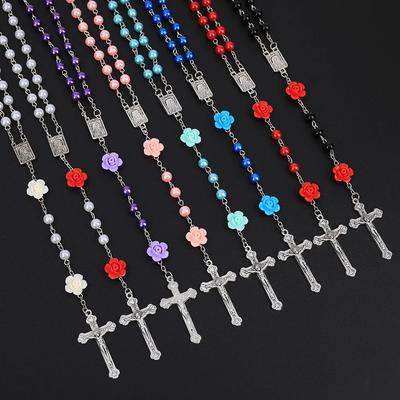 Naszyjnik Różaniec Religijny Dla Kobiet 6MM Imitacja Perły Długi Łańcuszek Medalik Matki Boskiej Jezusa Krzyż Męska Chrześcijańska Biżuteria Modlitewna