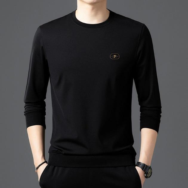 Men's Slim Fit Long-Sleeve T-Shirt, Round Neck, Solid Color, Roma Fabric, Pullover, Printed Sweatshirt