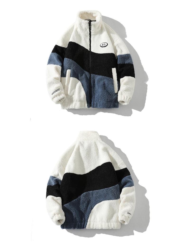 Men's Autumn-Winter Lambswool Fleece Jacket - Fashion Trend Color Block Stand-up Collar Coat