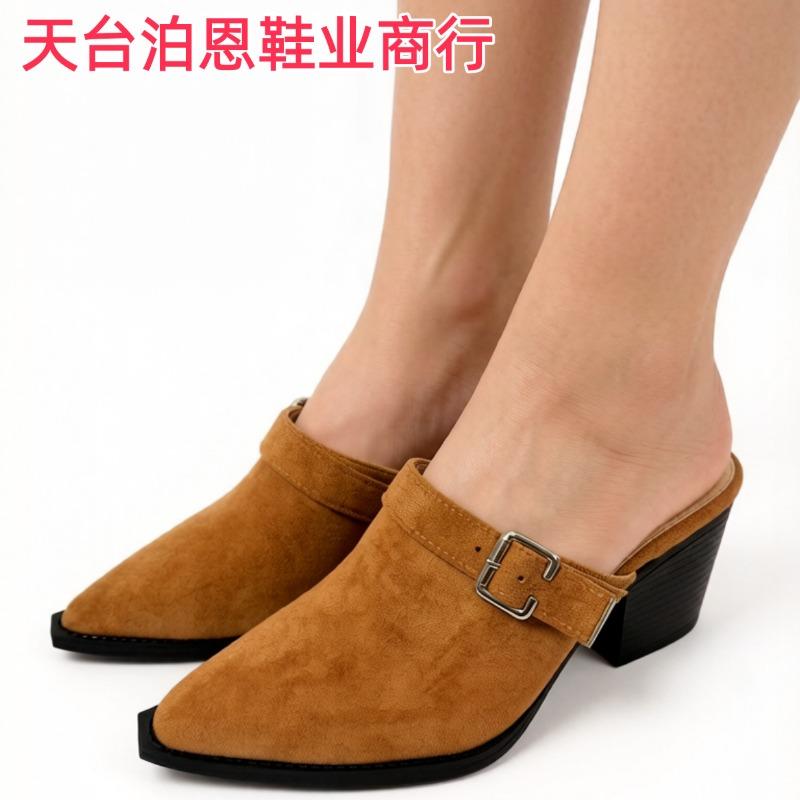 

new retro pointed shoes, buckle decorative thick heel matte suede outer slippers us size 11