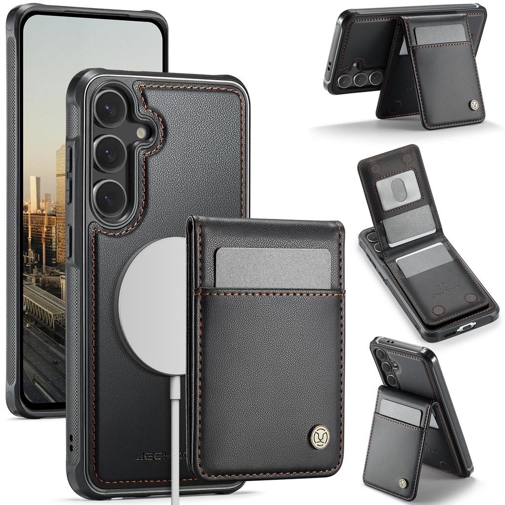 For Samsung Galaxy S24 FE Leather Back Cover Magnetic Case JEEHOOD J06 Phone Case with Card Bag RFID Blocking