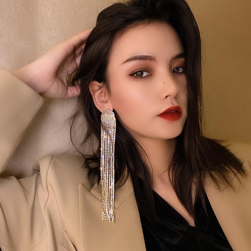 2022 New Fashion Long Tassel Rhinestone Drop Earrings for Women Ovsize Crystal Dangle Earrings Fashion Jewelry