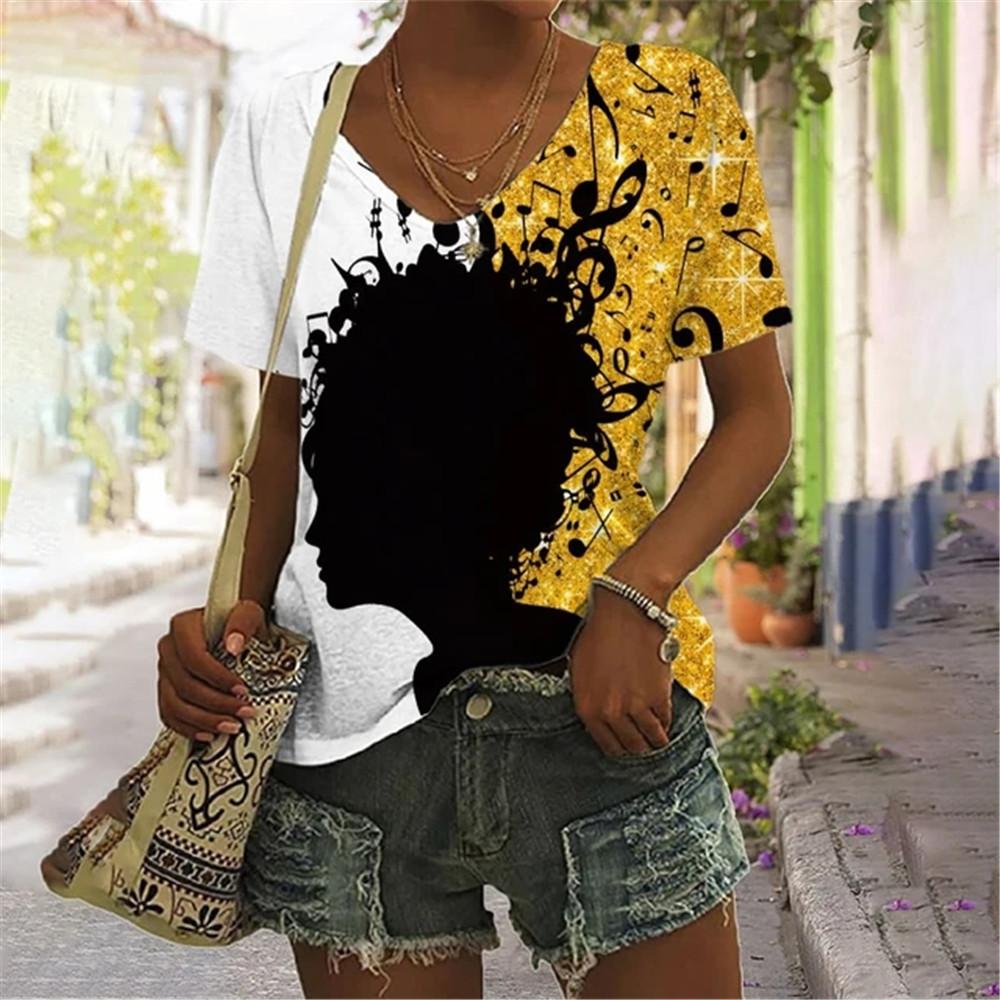 

Жен. V-образный вырез Музыкальный инструмент Графика С 3D-принтом Пуловеры Подходит для всех сезонов Повседневные Сращивание С короткими рукавами Полиэстер XXXL