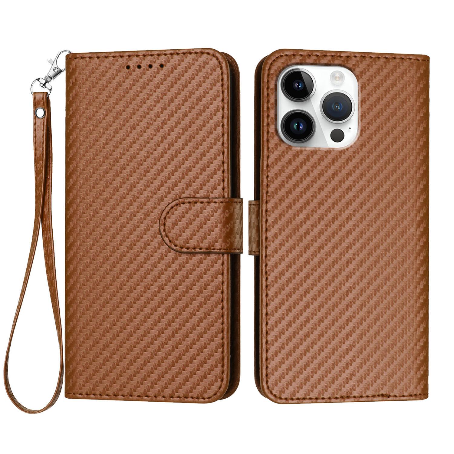 

For iPhone 16 Pro Max Wallet Case with Strap Carbon Fiber Texture Leather Mobile Cover Coffee