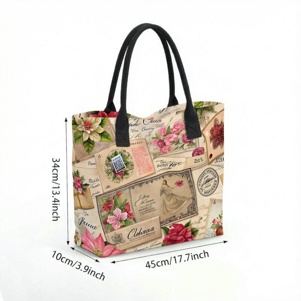 Vintage Floral Print Tote Bag Large Capacity Casual Daily Shoulder Handbag for Women