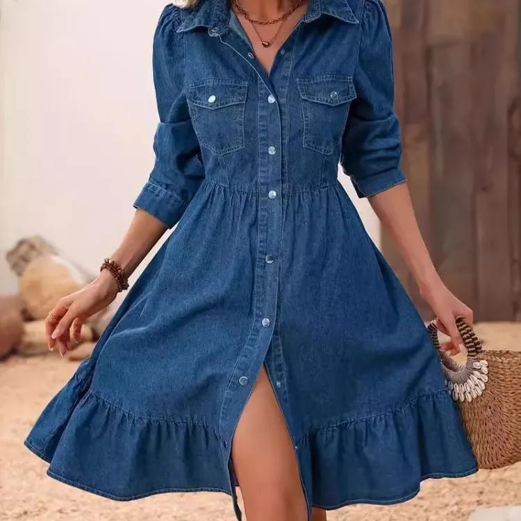 Wiosna Lato Falbany Kobiety Niebieska Sukienka Jeansowa Elegancka Koszula na Guziki Sukienka Midi Damskie Sukienki Codzienne Szata Damska