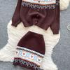 Autumn Winter Women Vintage Jacquard Knitted Sweater Two Piece Set Single Breasted Cardigans Tops and Mini Short Sheath Skirt Suit
