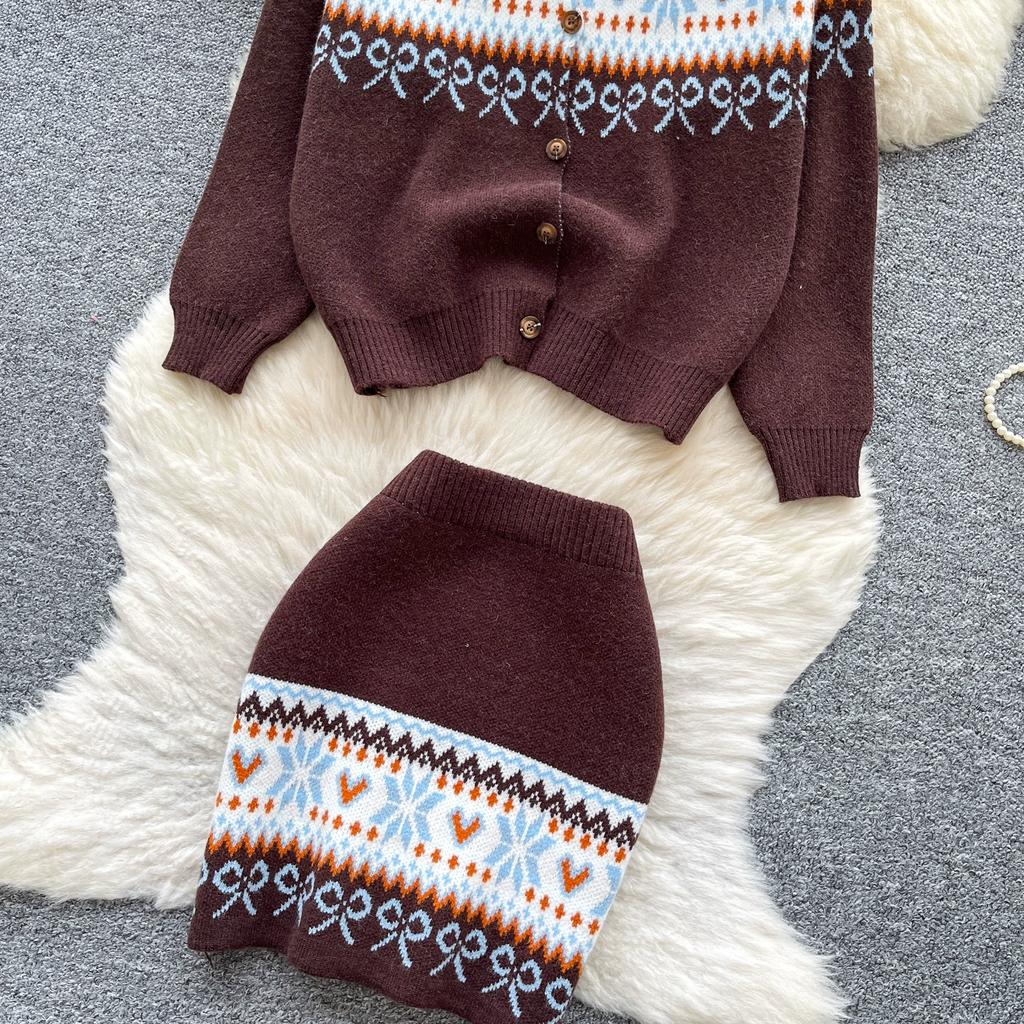 Autumn Winter Women Vintage Jacquard Knitted Sweater Two Piece Set Single Breasted Cardigans Tops and Mini Short Sheath Skirt Suit