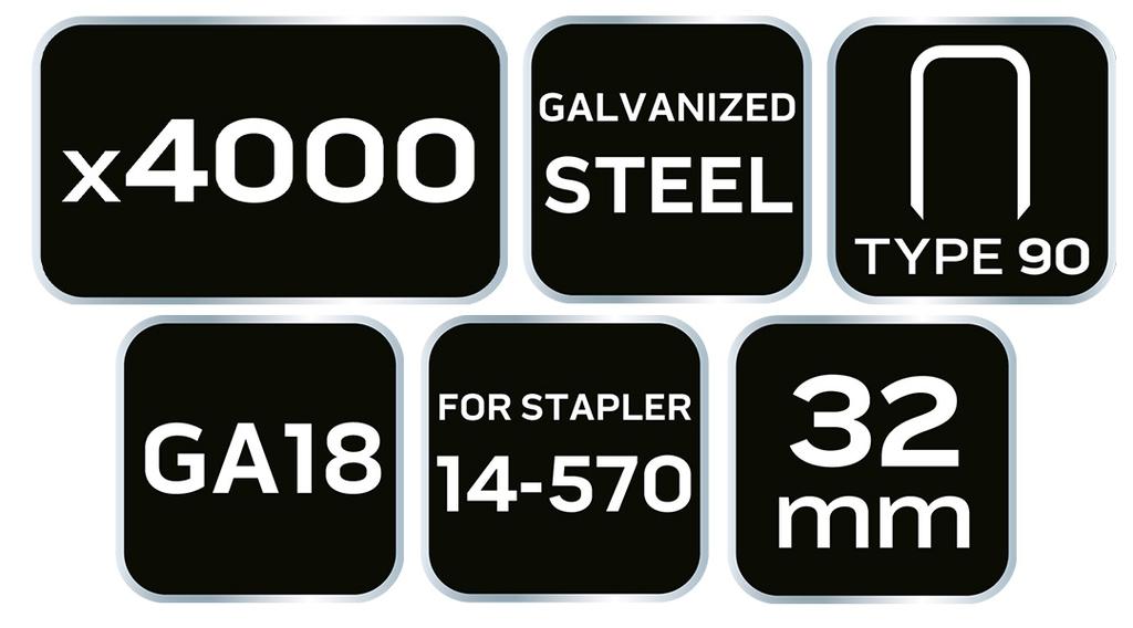 Galvanized Staples for Pneumatic Stapler (14-570), GA18, Type 90 (4K), Length 32 Mm, 4000 S