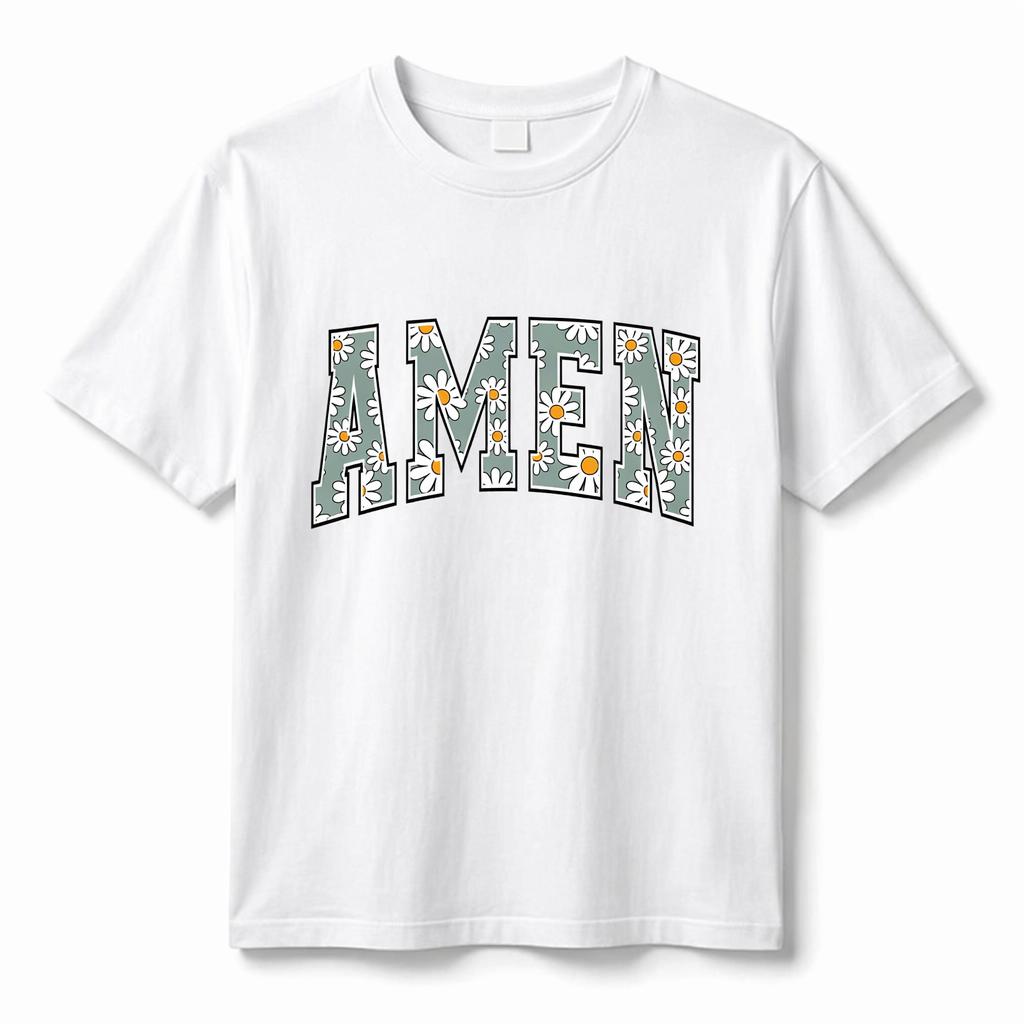 Pure cotton woUnisexs religious Tshirt retro daisy pattern letter printed short sleeved Tshirt faith inspirational daily shirt