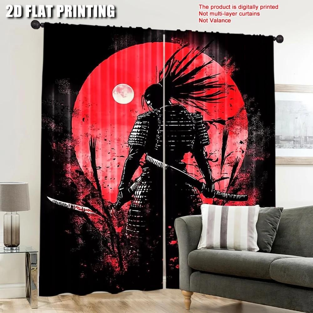 Set Of 2 Jit Samurai Warrior Graphic Curtain Polyester Fabric Window Decor Home Light Blocking Made With Rod Pocket