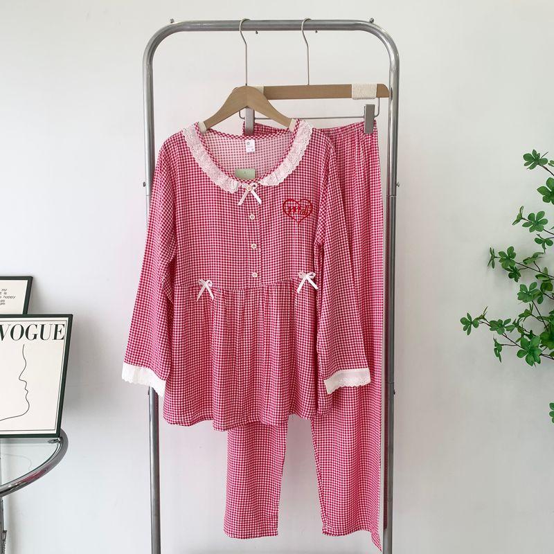 

Special Offer Pure Cotton Pajamas Long Sleeves Cotton Silk Home Wear Lace Cute Plaid Pants Two-piece Set Heart Embroider Suit Red L