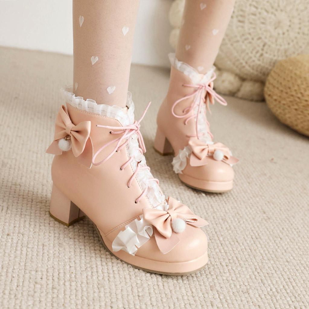 Large Size - Short Boots Coarse Heel White Martin Boots Sweet beautiful women boots Winter Lolita Waterproof Table