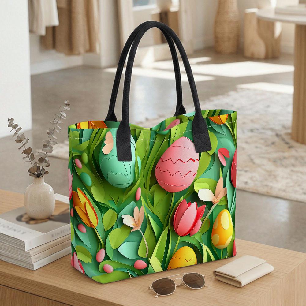Easter Egg Floral Canvas Tote Bag Reusable Casual Shopping Handbag for Daily Use