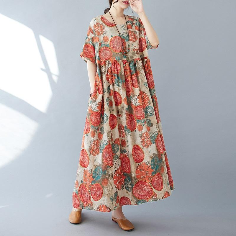 Short Sleeve Plus Size Cotton Vintage Floral New in Dresses for Women Casual Loose Long Summer