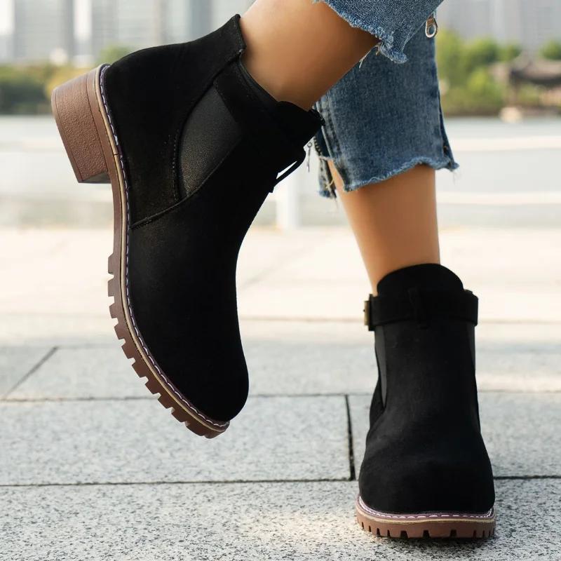 Women's Shoes  High Quality Belt Buckle Women's Boots Fashion Plus Size Modern Boots Women  Round Toe Naked Boots