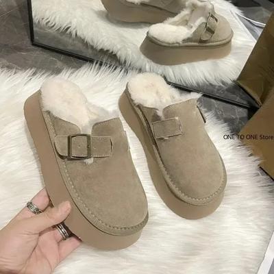Modische Schuhe Frau 2025 Runde Zehen Clogs Plateau Slipper Fell Damen Schuhwerk Neu Winter Creepers Kleid Gummi Mittel Stoff Schneestiefel Sli