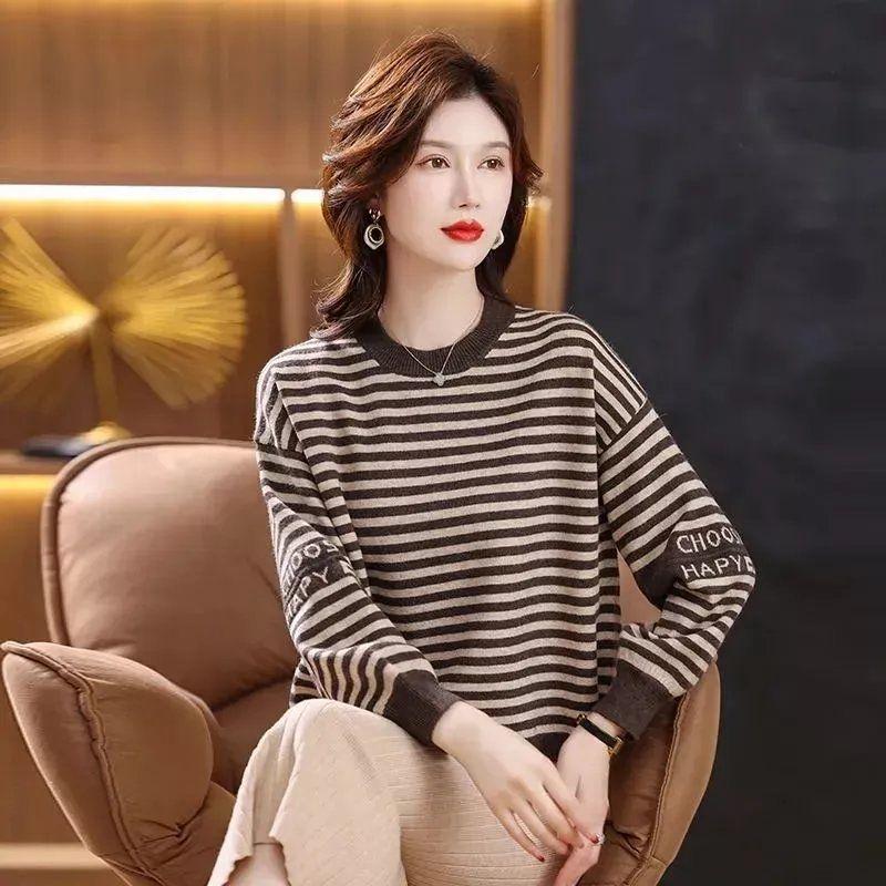 Autumn and Winter Round Neck Bottoming Shirt Women's Loose Inner Striped Top Fashion Plus Size Mother's All-match Sweater