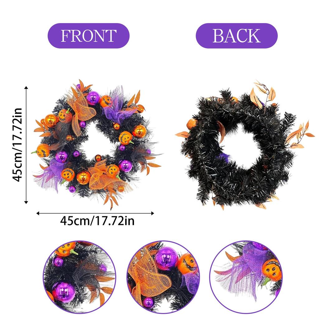 Halloween Pumpkin Wreath with Spooky Face and Lights for Front Door Decor