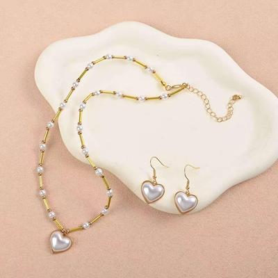 Cross-Border Heart Pearl Pendant Necklace & Earrings Set - Sweet, Cool, Fresh, Versatile Design