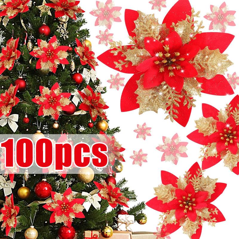 Large Artificial Christmas Flowers Glitter Xmas Tree Ornaments DIY Wreath Simulation Floral Wedding New Year Party Home Decor