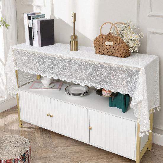 Tischdecke mit Anti-Rutsch-Rückseite, Doppelseitiger Spitzen-Einfacher Design-Tischschutz, Quastenrand Böhmischer Stil Möbelabdeckung für TV-Schränke Sofas