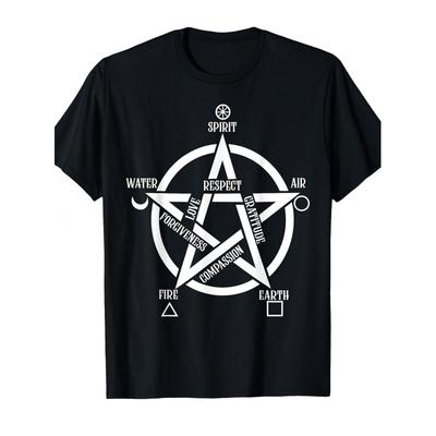 Soul Water, Fire, Earth And Wind Elements Five-Pointed Star Witch T-Shirt-Retro Street Style Unisex Cotton Short-Sleeved Mysterious Symbol Pattern