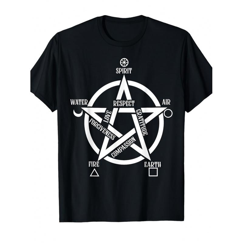 Soul Water, Fire, Earth And Wind Elements Five-Pointed Star Witch T-Shirt-Retro Street Style Unisex Cotton Short-Sleeved Mysterious Symbol Pattern