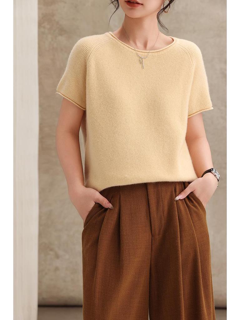 2026 Spring Women's Cashmere Wool Blend Rolled Collar Knit Half Sleeve Top
